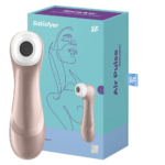 Embalagem frontal do Satisfyer Pro 2 destacando a tecnologia Air Pulse ao lado do produto