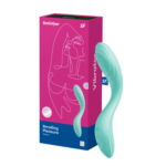 Caixa original do vibrador Satisfyer Rrrolling Pleasure verde com ilustração feminina minimalista