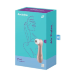 Caixa original e embalagem do estimulador Satisfyer Pro 2 com design em tons de azul