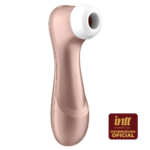 Visão em ângulo do estimulador clitoriano Satisfyer Pro 2 ouro rosa com selo de distribuidora oficial Intt