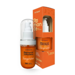 Caixa e frasco do Gel Calda Beijável Romance com Safadeza sabor Tangerina 30ml com glitter e efeito de aquecimento da marca Feitiços.