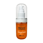 Detalhe do frasco pump transparente do Gel Romance com Safadeza Tangerina 30ml mostrando a calda laranja brilhante com glitter para massagem e preliminares.