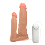 Pênis Duplo para 2 Penetrações com Vibrador e Ventosa 15x3,5cm e 10x2,5cm Bege