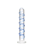 Plug anal de vidro transparente deitado, mostrando a espiral azul em alto relevo e a base de segurança plana.