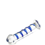 Plug anal de vidro com espiral azul na posição vertical, exibindo o formato anatômico e o comprimento penetrável de 16 cm.