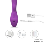 Detalhe da base do Vibrador Demons com o plug de carregamento e imagem do cabo USB demonstrando as formas seguras de recarga