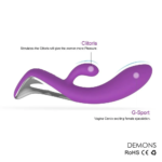 Ilustração anatômica mostrando como o Vibrador Demons estimula o clítoris externamente e o Ponto G internamente de forma simultânea
