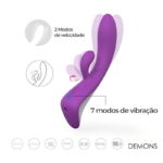 Infográfico das funções do Vibrador Demons evidenciando as 2 velocidades do movimento Vem Cá e os 7 modos de vibração