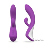 Visão frontal e lateral do Vibrador Demons roxo, destacando o painel de botões e o design curvo para Ponto G e Clítoris
