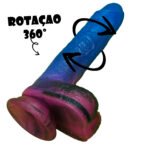 Dildo cósmico em degradê azul e rosa com setas pretas ilustrando a função de rotação de 360 graus