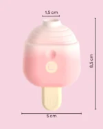 Dimensões do sugador de clitóris Ice Lolly Lilo marcando 8,5 cm de altura, 5 cm de largura e bocal de 1,5 cm.